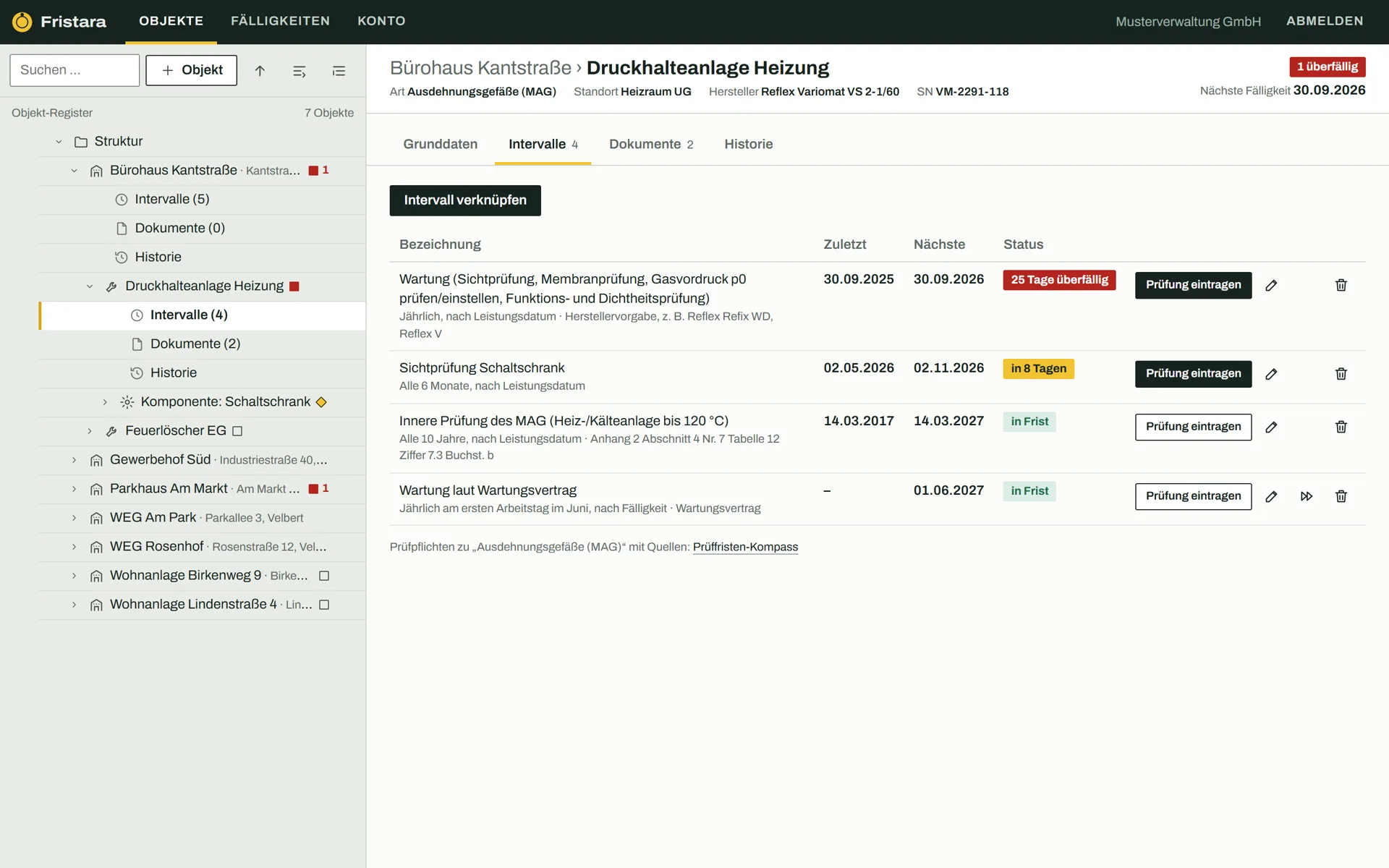 Anlage Druckhalteanlage Heizung mit vier Prüfintervallen, Status überfällig, bald fällig und in Frist, links der Baum mit Objekten, Anlagen und Komponenten.
