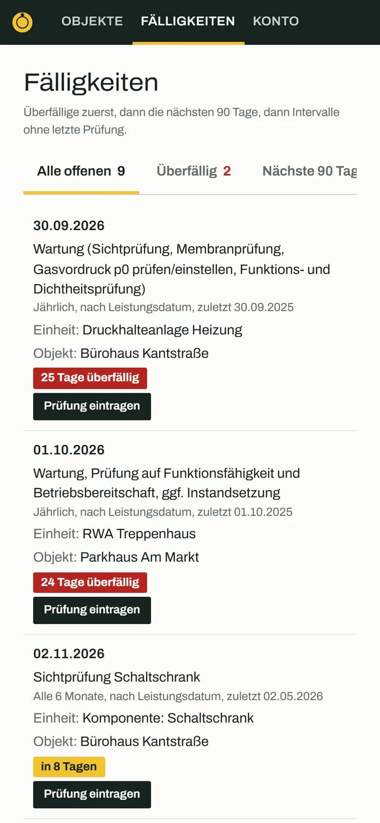 Fristara auf dem Handy: Liste der Fälligkeiten mit Status und Knopf zum Eintragen der Prüfung.